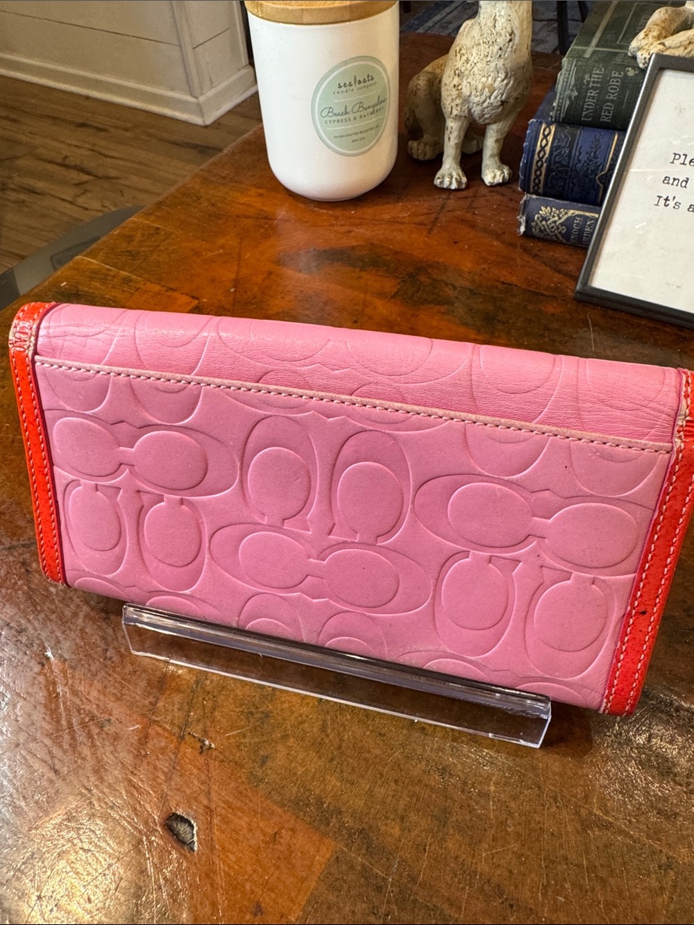 Coach Pink Signature Leather Continental Wallet with Orange Trim - Picture 8 of 14